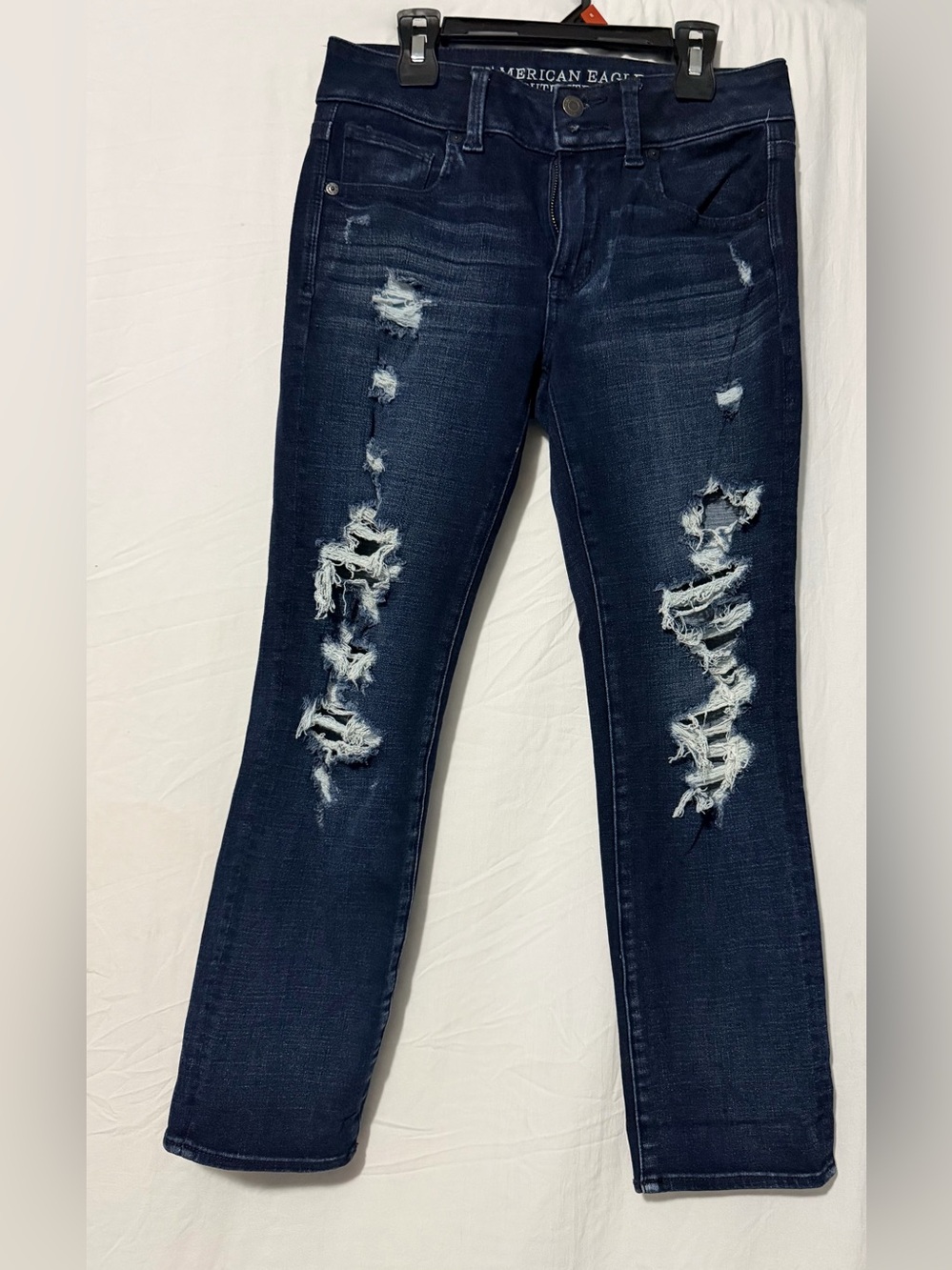 American Eagle Outfitters Women’s Dark Blue Distressed Straight Leg Jeans